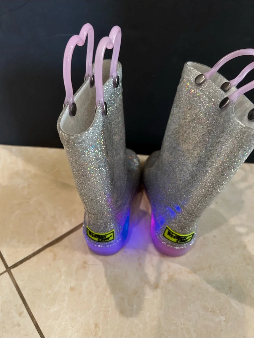 Western Chief Abby Glitter Light-Up Silver Rain Boots Girls Size 8 Toddler